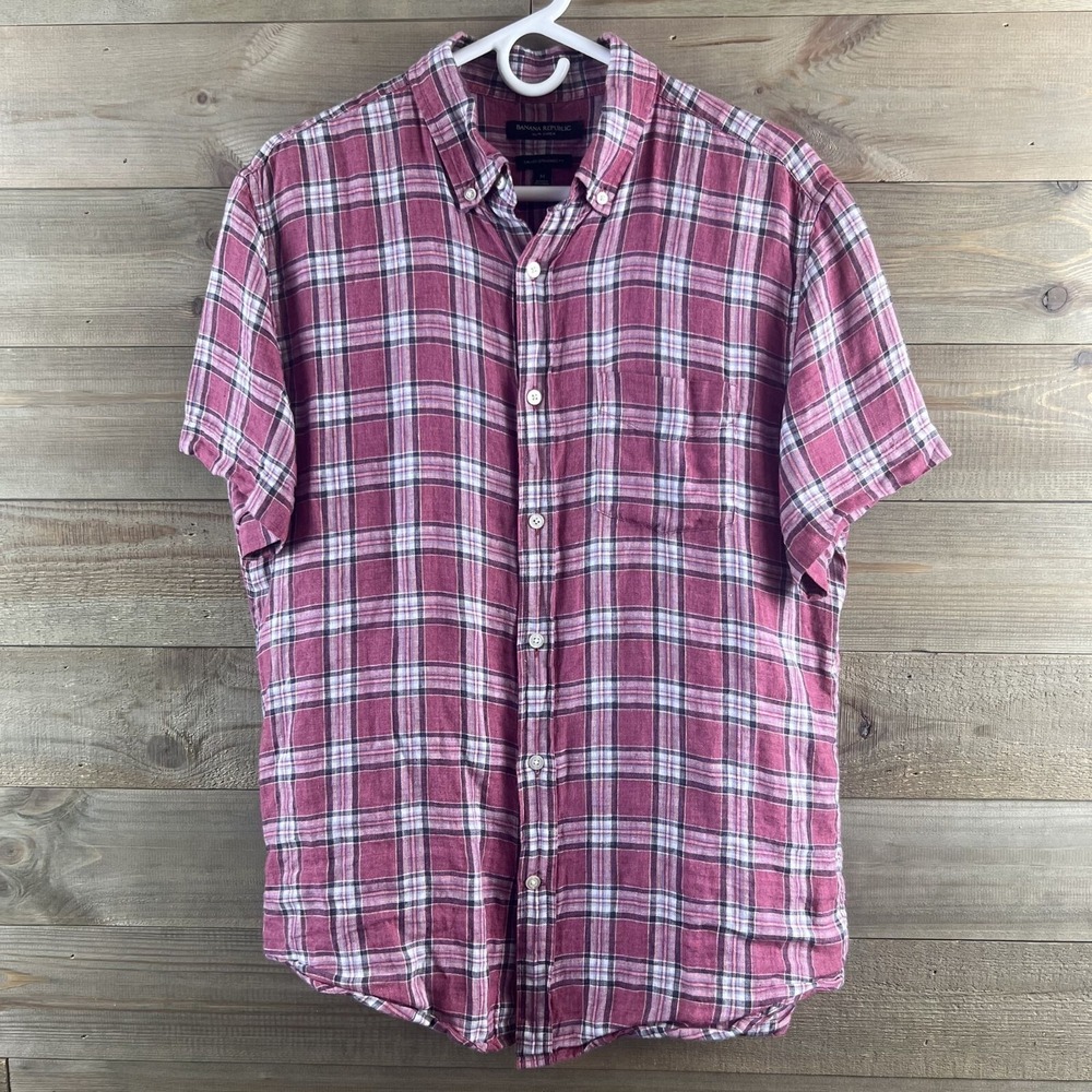 Banana Republic Mens Shirt Short Sleeve Button Camden Standard Fit Linen Medium - Picture 1 of 6